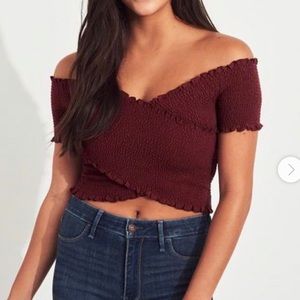 Hollister burgundy cross front smocked crop top